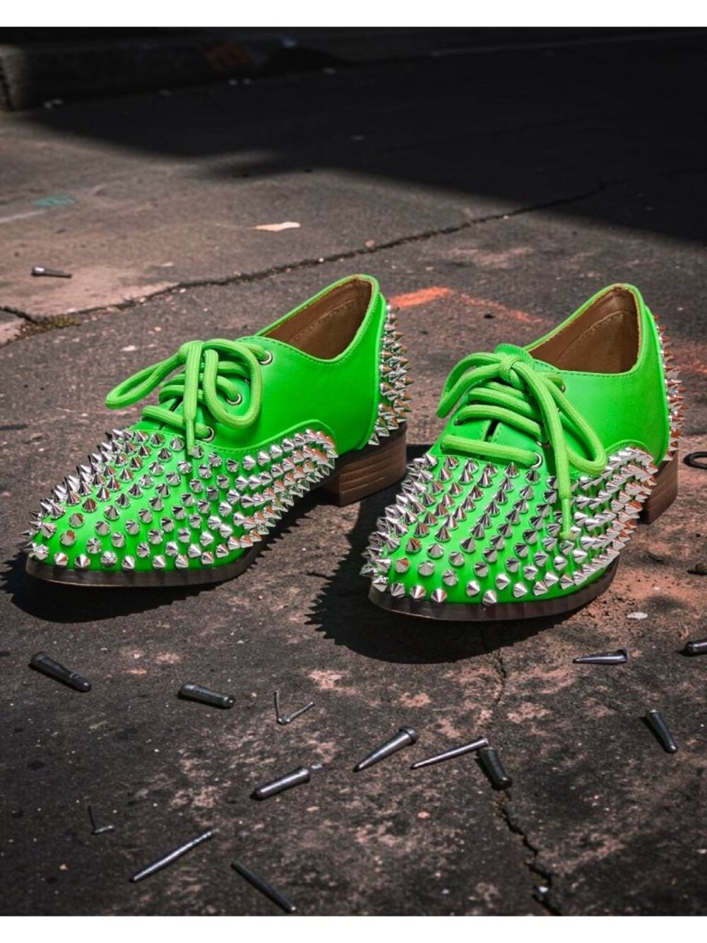 Studded Green Lace-Up Oxford Shoes With Silver Spikes & Wooden Heel